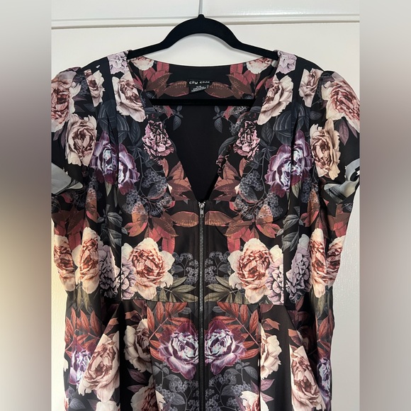 City Chic Zip Front Dress Tunic Highland Mirror Bold Floral Ruched Side Size 16 - Picture 4 of 12